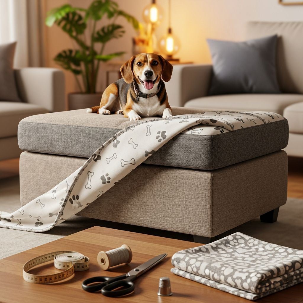 Create a durable, stylish dog ottoman with custom slipcover for your furry friend's comfort.