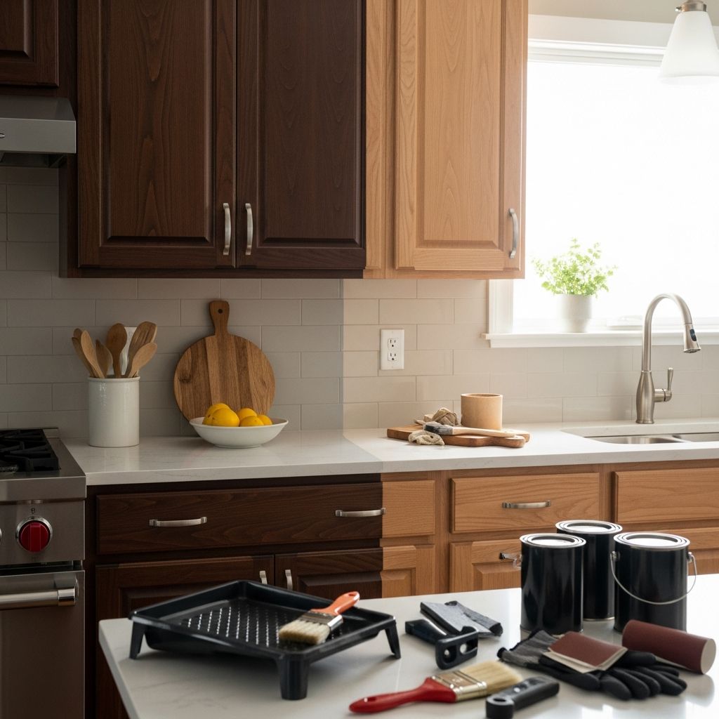 Transform outdated light cabinets into rich, modern dark tones with this step-by-step staining process using gel stains and minimal prep.