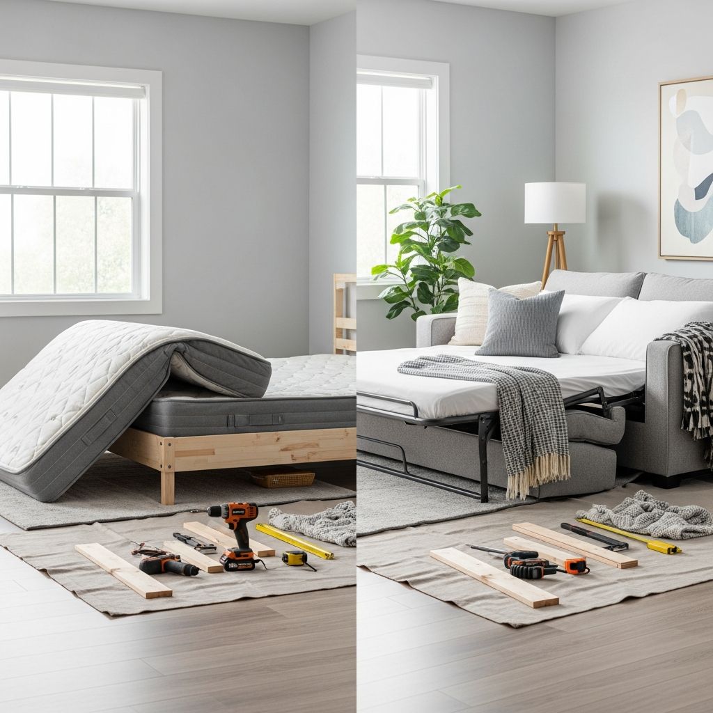 Master the art of repurposing a queen bed into a versatile sofa bed with our detailed DIY guide for smart space-saving furniture.