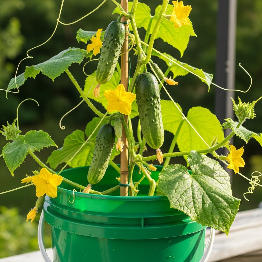 Master container gardening by cultivating bountiful cucumbers in everyday 5-gallon buckets for fresh harvests anywhere.